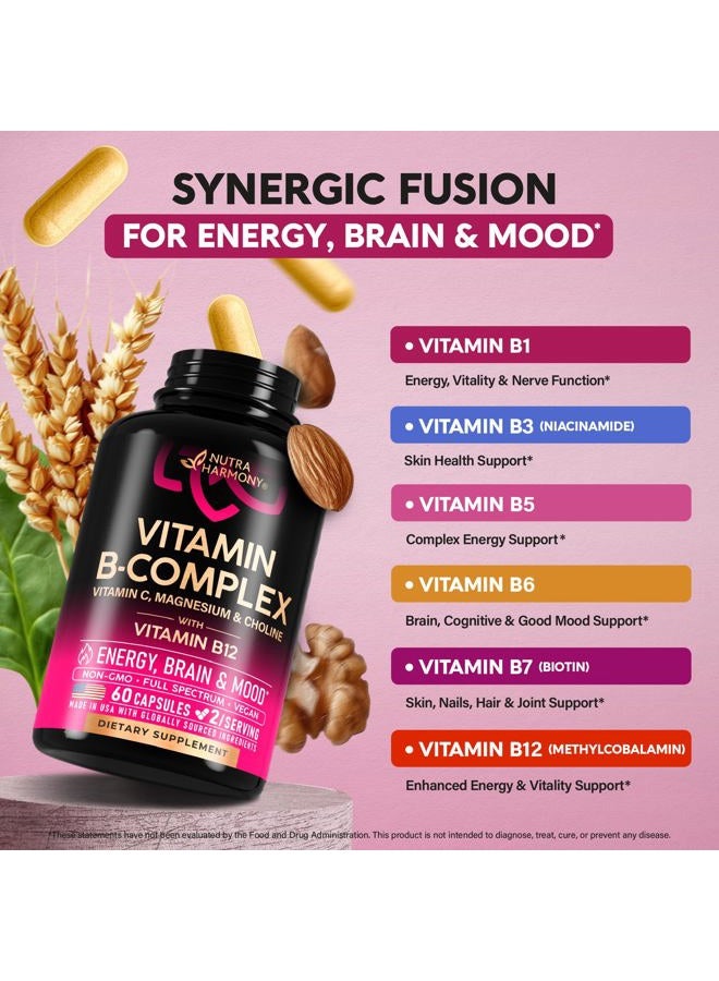 NUTRAHARMONY Vitamin B Complex for Men & Women - Made in USA - 11-in-1 B-Complex: B1, B2, B3, B5, B6, B7, B8, B9, B12 with Vitamin C, Choline, Inositol - Energy, Brain & Heart Support Supplement, 60 Vegan Capsules - Image 3
