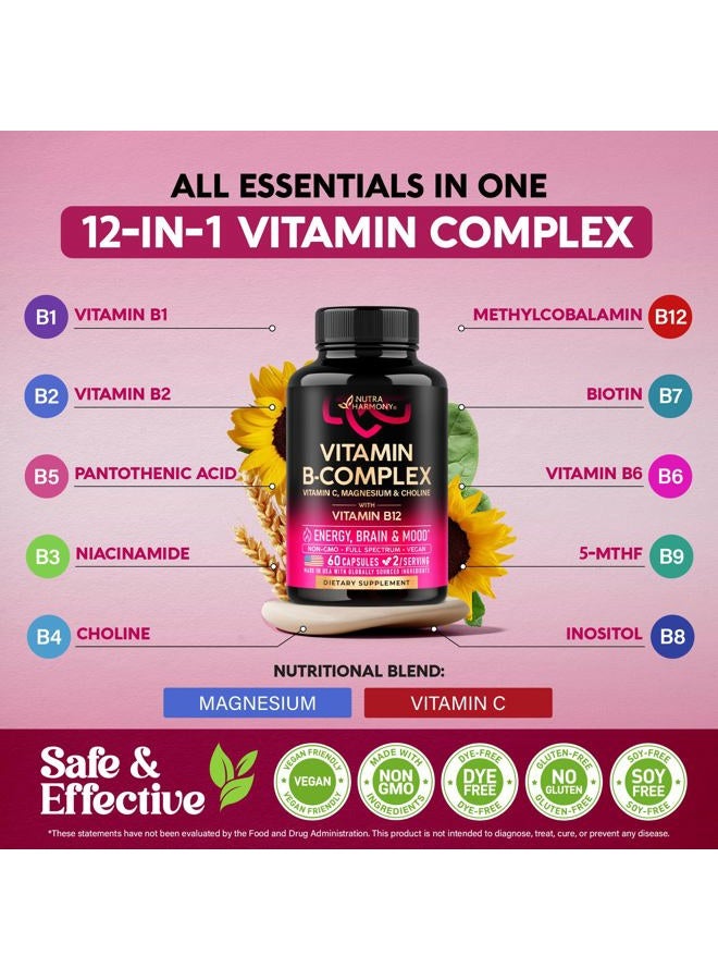 NUTRAHARMONY Vitamin B Complex for Men & Women - Made in USA - 11-in-1 B-Complex: B1, B2, B3, B5, B6, B7, B8, B9, B12 with Vitamin C, Choline, Inositol - Energy, Brain & Heart Support Supplement, 60 Vegan Capsules - Image 4