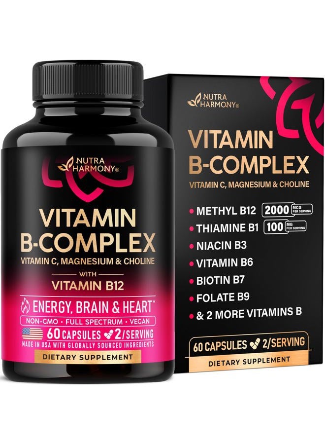 NUTRAHARMONY Vitamin B Complex for Men & Women - Made in USA - 11-in-1 B-Complex: B1, B2, B3, B5, B6, B7, B8, B9, B12 with Vitamin C, Choline, Inositol - Energy, Brain & Heart Support Supplement, 60 Vegan Capsules - Image 1