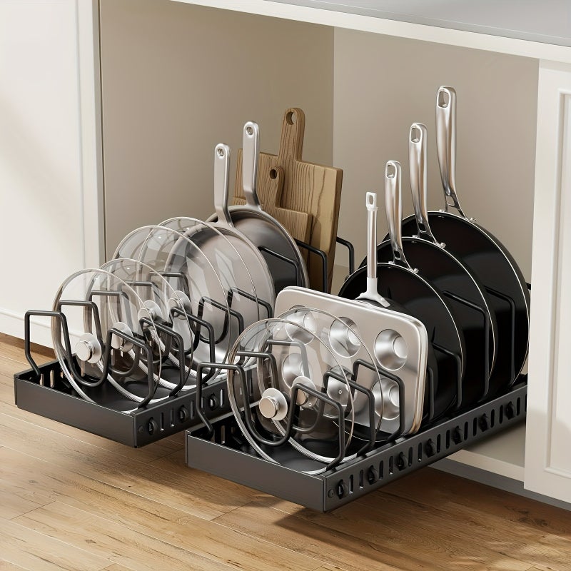 1pc/2pcs Under-Cabinet Pot and Pan Organizer, Cabinet Slide Lid Organizer, Each Pull-Out Cabinet Organizer with 8 Adjustable Dividers - Image 1