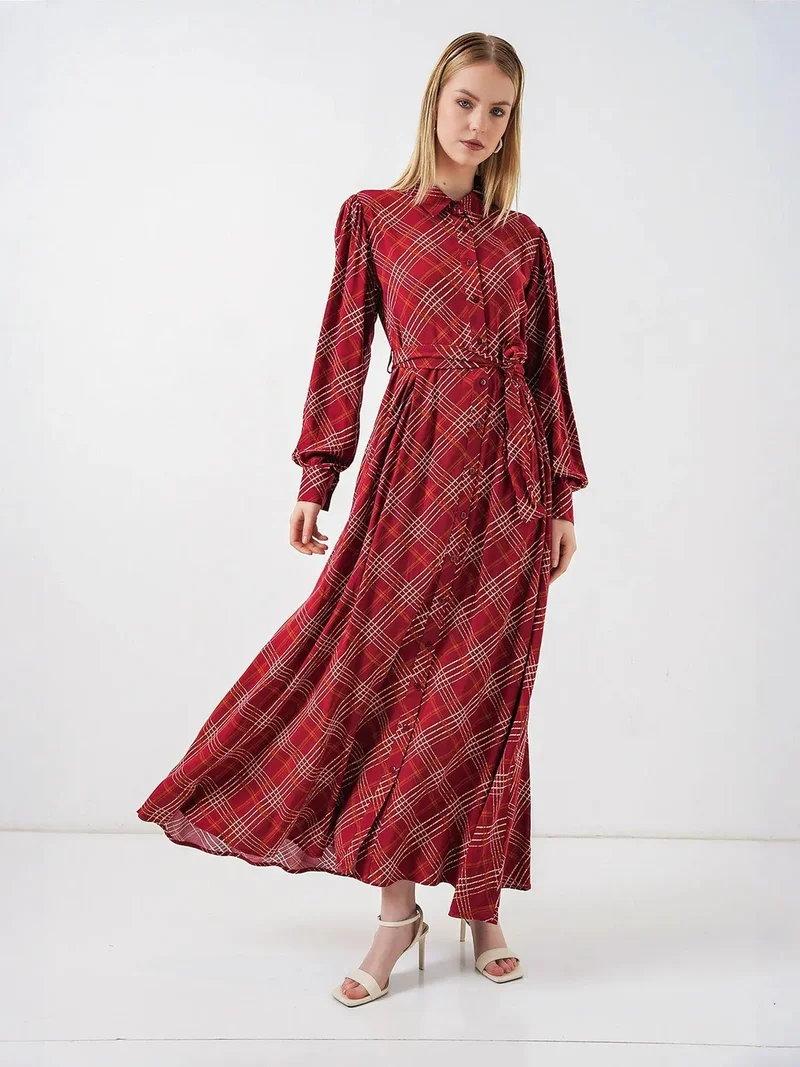 Big Dart Burgundy Red BDART Plaid Midi Shirt Dress with Button Closure for Women | Best Price UAE