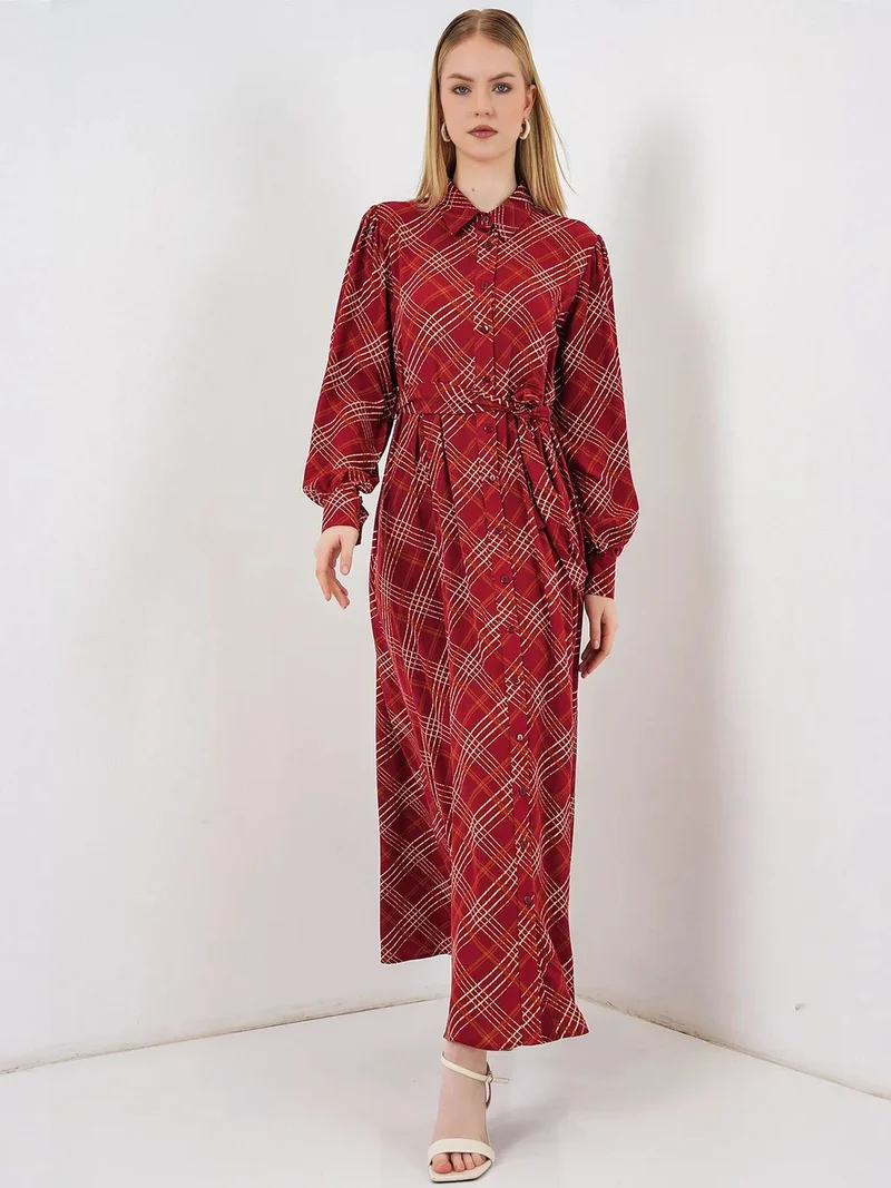 Big Dart Burgundy Red BDART Plaid Midi Shirt Dress with Button Closure for Women | Best Price UAE