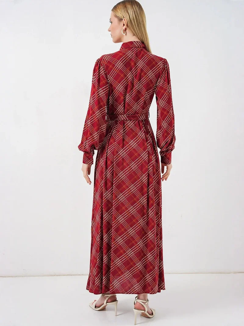 Big Dart Burgundy Red BDART Plaid Midi Shirt Dress with Button Closure for Women | Best Price UAE