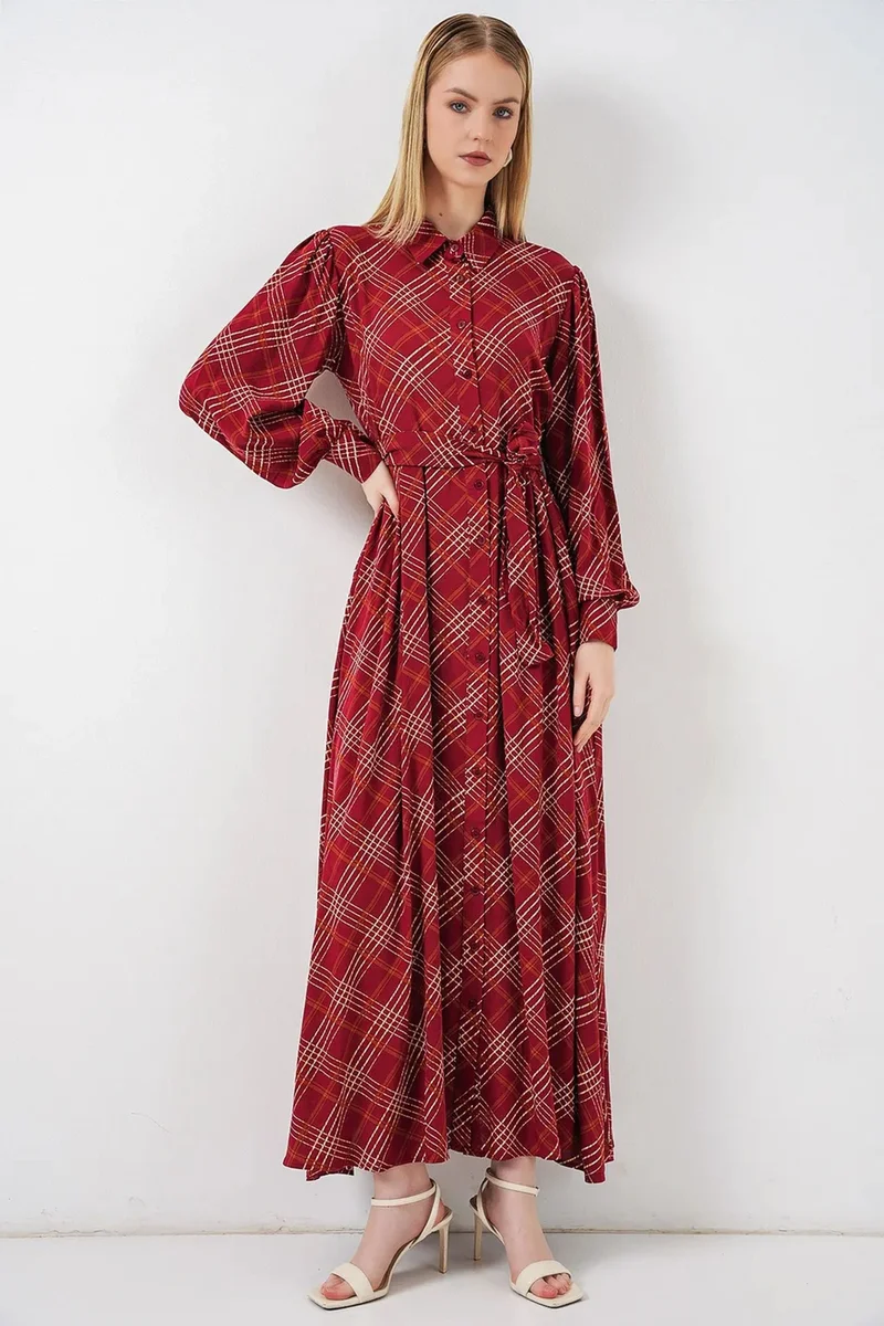 بيغ دارت BDART Plaid Midi Shirt Dress with Button Closure
