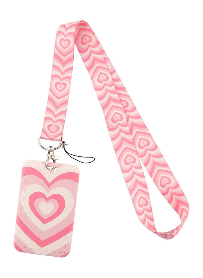 SYOSI Pink Lanyard for Women with ID Badge Holder Neck Keychain for Keys, Hard Plastic Vertical Card Case with Heart Pattern - Image 1