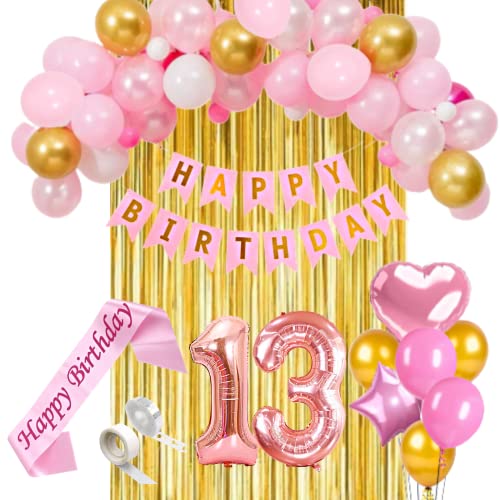 FI - FLICK IN 49 pcs 13th Birthday Decoration for Girls Fringe Curtain Number 13 Foil Balloon Arch Garland Kit for Birth Day Sash Happy 13th Birthday Decoration Girl (Pack of 49, Pink & Gold) - Image 1