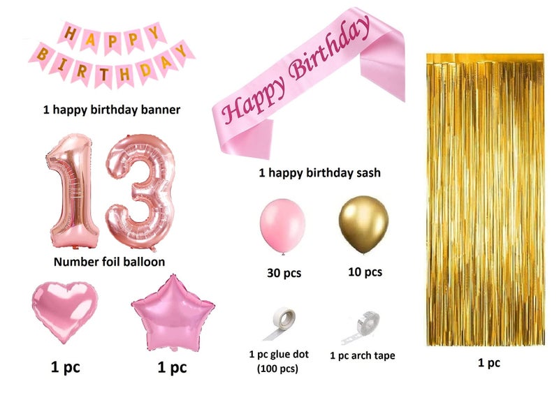 FI - FLICK IN 49 pcs 13th Birthday Decoration for Girls Fringe Curtain Number 13 Foil Balloon Arch Garland Kit for Birth Day Sash Happy 13th Birthday Decoration Girl (Pack of 49, Pink & Gold) - Image 2