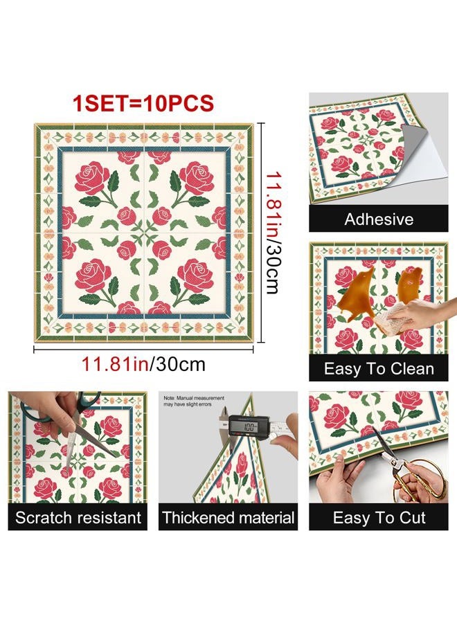 HOMETITUTE 10PCS 12x12 Inch Red Rose Pattern with Colorful Border Floor Tiles Peel and Stick Removable Self Adhesive DIY Vinyl Flooring Stickers for Kitchen Bathroom Living Room Entryway Home Decor - Image 3