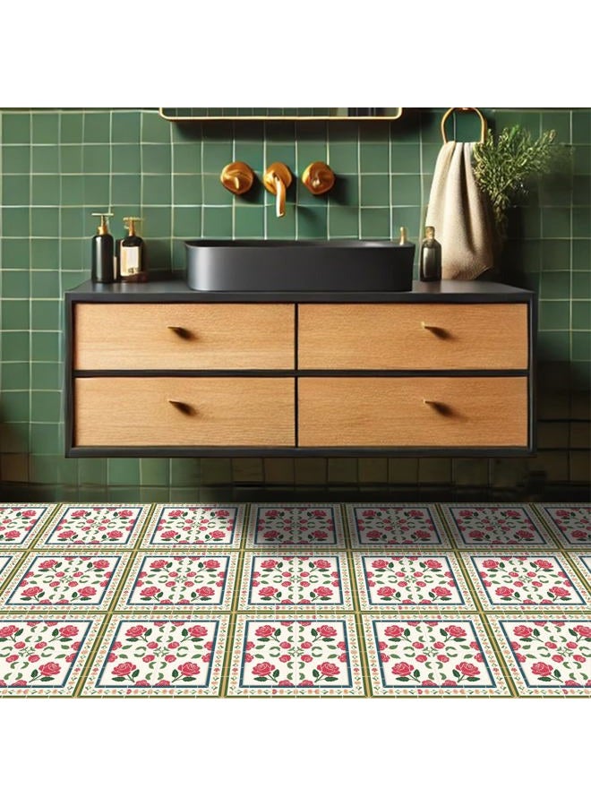 HOMETITUTE 10PCS 12x12 Inch Red Rose Pattern with Colorful Border Floor Tiles Peel and Stick Removable Self Adhesive DIY Vinyl Flooring Stickers for Kitchen Bathroom Living Room Entryway Home Decor - Image 5