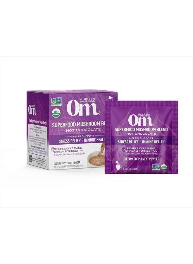 OM Mushroom Superfood Hot Chocolate Blend Mushroom Powder, Single Serve, 10 Count, Dutch Cocoa, 2g of Sugar, 25 Calories, Lion's Mane, Reishi, Chaga, Turkey Tail, Focus and Stress Support - Image 1