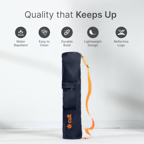CULT Yoga Mat Carry Bag – Durable Polyester with Adjustable Shoulder Strap, Side Utility Pocket & Mesh Bottle Holder, Water-Resistant, Lightweight & Portable Cover – Fits Yoga Mats up to 6mm –Navy - Image 3