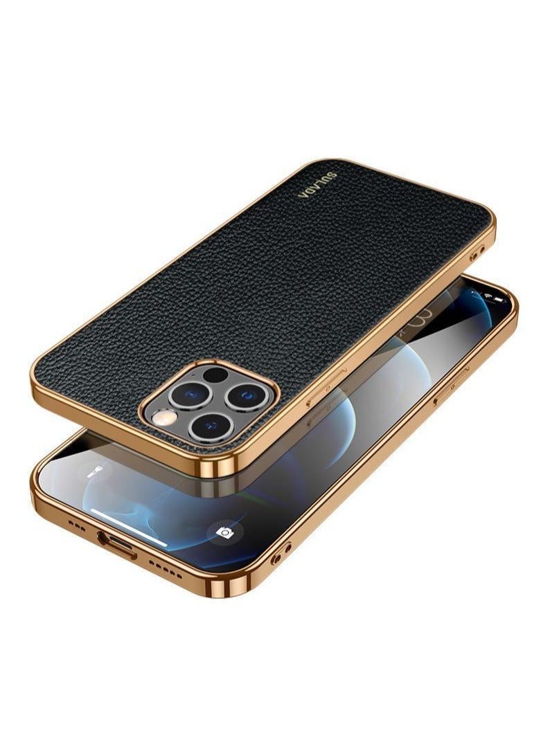 SULADA Case for Apple iPhone 15 Pro Max 6.7 inch Slim Luxury Business Style Retro Classic PU Electroplate Shiny Gold Frame Soft Hybrid Bumper Shockproof Cover Protective Cover Black - Image 1
