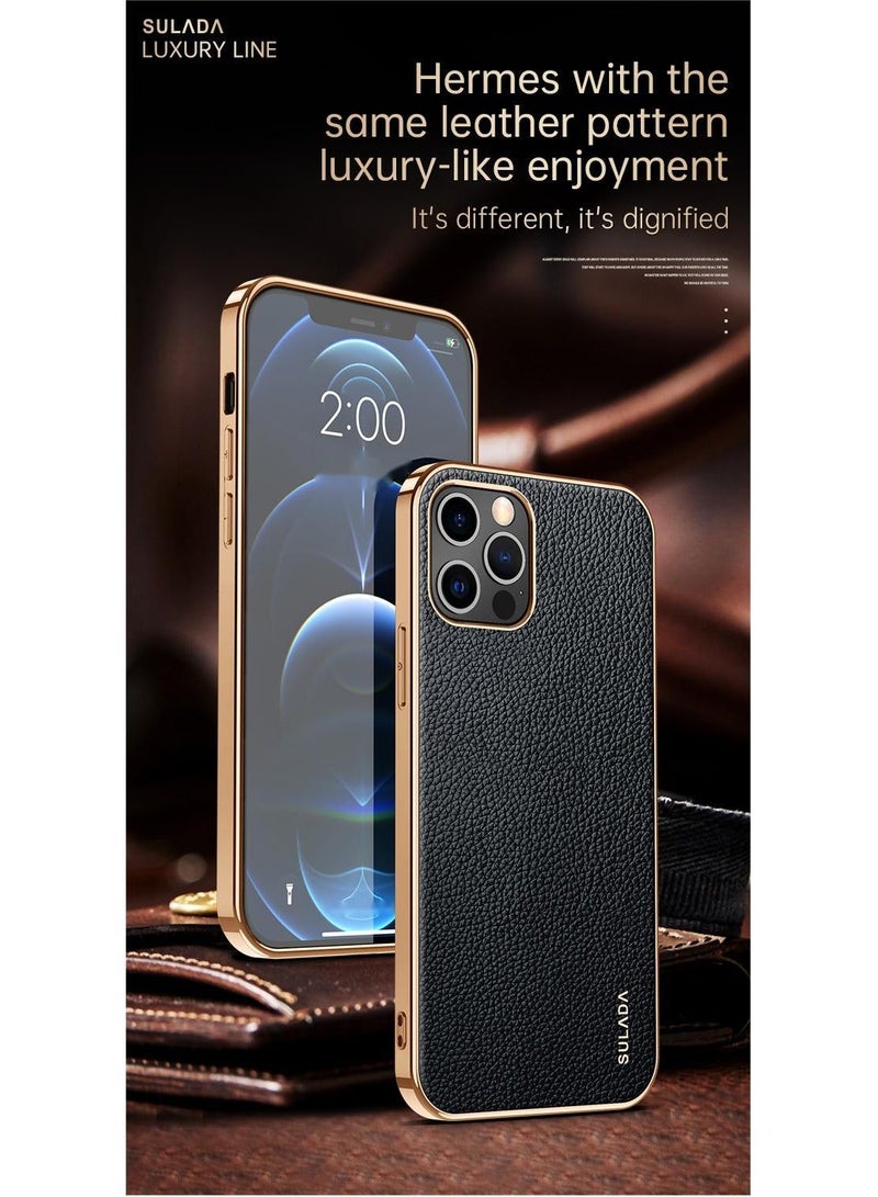 SULADA Case for Apple iPhone 15 Pro Max 6.7 inch Slim Luxury Business Style Retro Classic PU Electroplate Shiny Gold Frame Soft Hybrid Bumper Shockproof Cover Protective Cover Black - Image 2