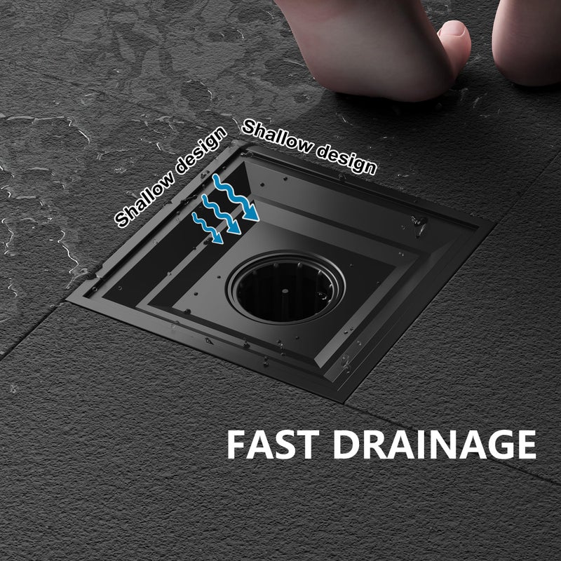 Neodrain Square Shower Drain,6 inch Black Stainless Steel 304 Grate and PVC Drain Body, Grate with Kit Includes Hair Trap/Strainer,Lifting Hook and PVC Drain Base - Image 5
