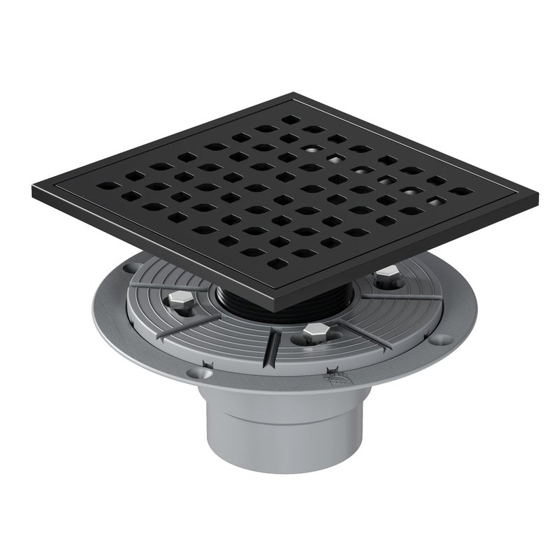 Neodrain Square Shower Drain,6 inch Black Stainless Steel 304 Grate and PVC Drain Body, Grate with Kit Includes Hair Trap/Strainer,Lifting Hook and PVC Drain Base - Image 1
