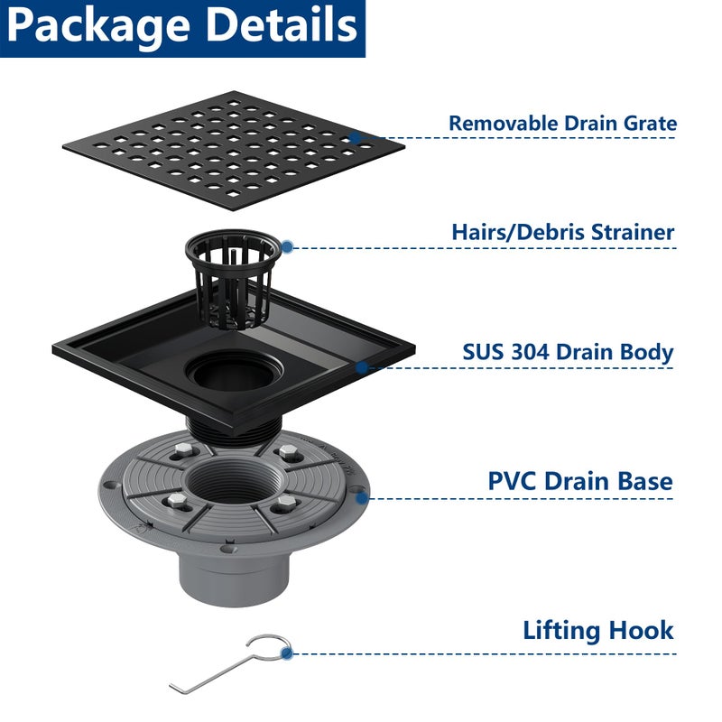 Neodrain Square Shower Drain,6 inch Black Stainless Steel 304 Grate and PVC Drain Body, Grate with Kit Includes Hair Trap/Strainer,Lifting Hook and PVC Drain Base - Image 2