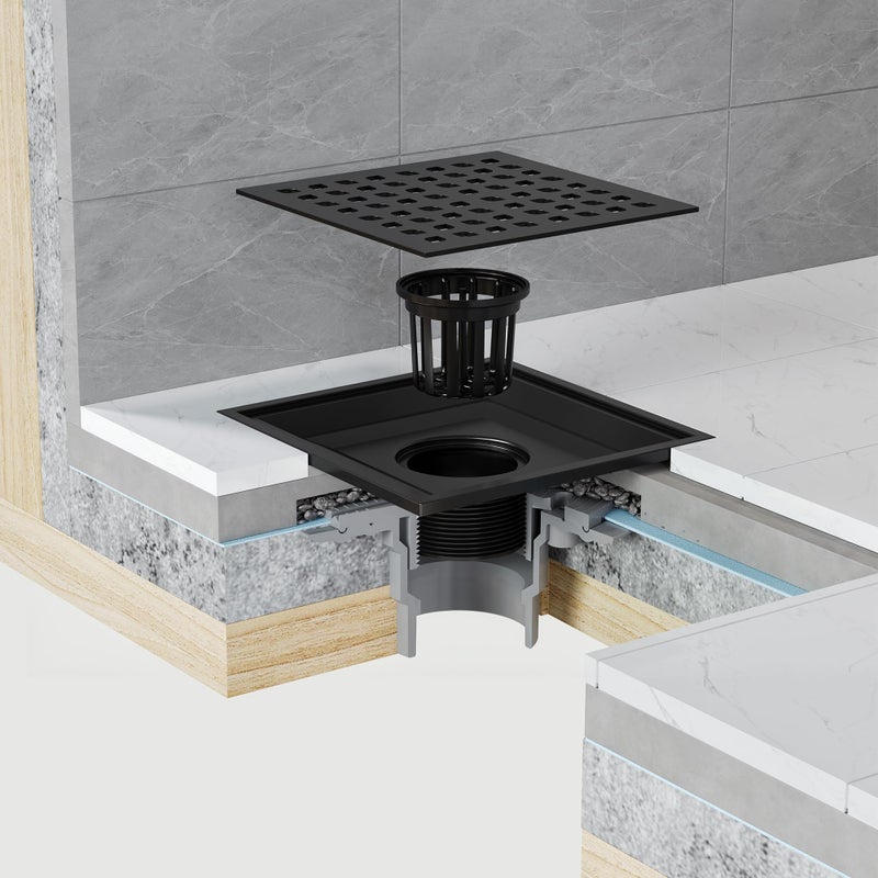 Neodrain Square Shower Drain,6 inch Black Stainless Steel 304 Grate and PVC Drain Body, Grate with Kit Includes Hair Trap/Strainer,Lifting Hook and PVC Drain Base - Image 4