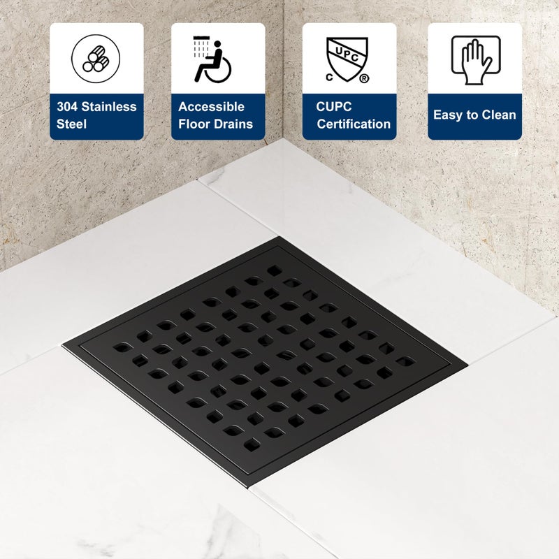 Neodrain Square Shower Drain,6 inch Black Stainless Steel 304 Grate and PVC Drain Body, Grate with Kit Includes Hair Trap/Strainer,Lifting Hook and PVC Drain Base - Image 3