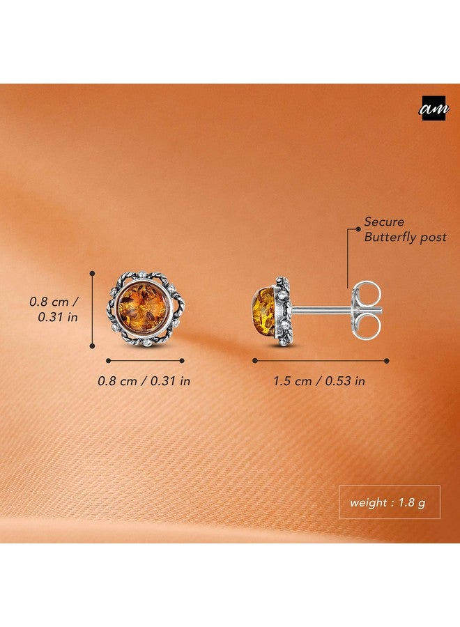 Amberta 925 Sterling Silver With Genuine Baltic Amber - Earrings For Women - Bloom Button Ball - Studs With Honey Stone Color - Image 5