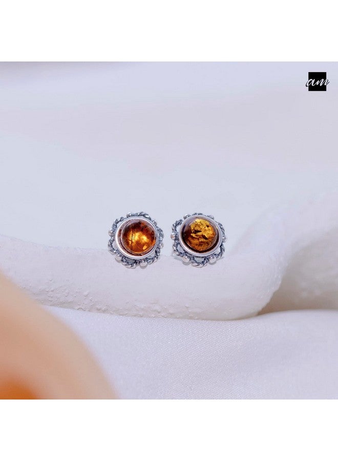 Amberta 925 Sterling Silver With Genuine Baltic Amber - Earrings For Women - Bloom Button Ball - Studs With Honey Stone Color - Image 4