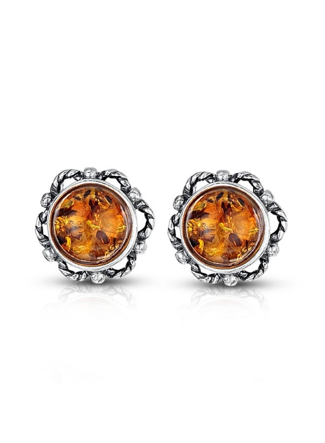 Amberta 925 Sterling Silver With Genuine Baltic Amber - Earrings For Women - Bloom Button Ball - Studs With Honey Stone Color - Image 1