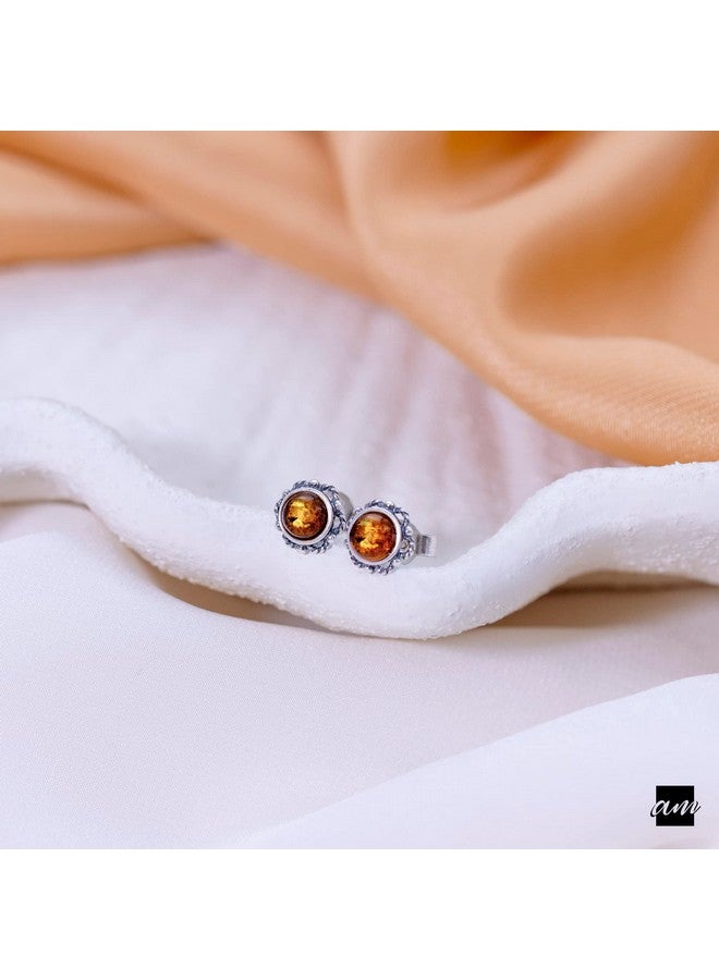 Amberta 925 Sterling Silver With Genuine Baltic Amber - Earrings For Women - Bloom Button Ball - Studs With Honey Stone Color - Image 3