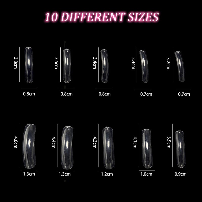 panthra 500pcs Long Curved Nail Tips, Curved Square Press on Nails, 10 Different Sizes, Transparent Design, Stylish and Simple, Suitable for Nail Salon Home Diy - Image 2