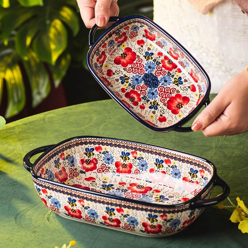 ONECCI Baking Dish Ceramic Baking Pan Blue Casserole Dish Porcelain rectangular Baking Set 2pcs Bakeware Sets Lasagna Pan Baking Dishes for ovenHoney Flower - Image 4
