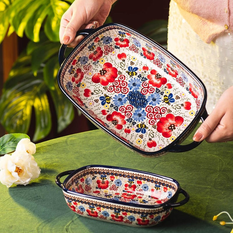 ONECCI Baking Dish Ceramic Baking Pan Blue Casserole Dish Porcelain rectangular Baking Set 2pcs Bakeware Sets Lasagna Pan Baking Dishes for ovenHoney Flower - Image 5