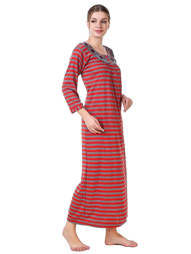 CIERGE New Woolen Winter Fleece Maxi Nighty 3/4 Sleeve For Women(Color-Red), Free Size - Image 2