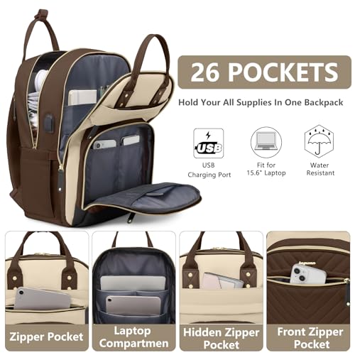 bagswan Laptop Backpack for Women Work Bag 156 inch Travel Backpack Purse with USB Charger College Bookbag Waterproof Cute Casual Daypack Fashion Business Computer Backpacks for Teacher Nurse Brown Khaki - Image 3