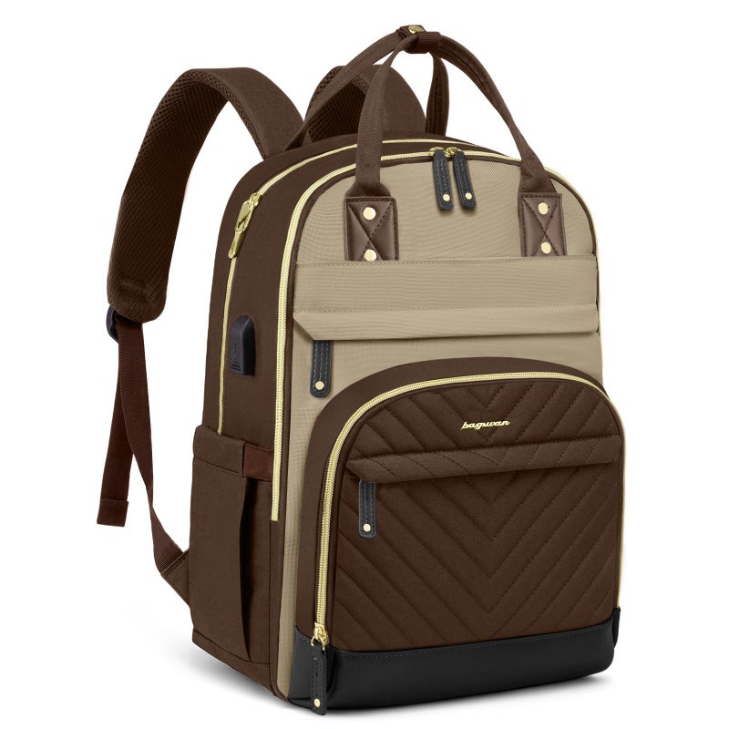 bagswan Laptop Backpack for Women Work Bag 156 inch Travel Backpack Purse with USB Charger College Bookbag Waterproof Cute Casual Daypack Fashion Business Computer Backpacks for Teacher Nurse Brown Khaki - Image 2