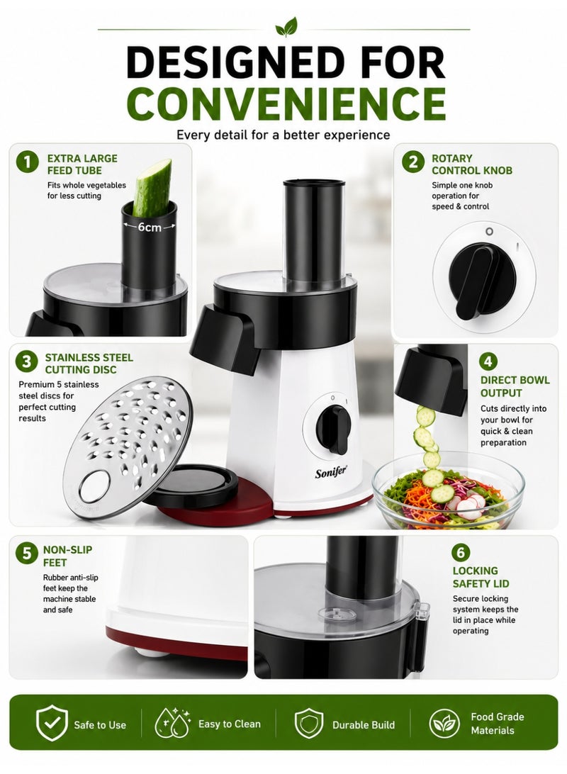 Sonifer 5-in-1 Electric Salad Maker with 200W Motor, 5 Stainless Steel Cutting Discs, Vegetable Slicer, Shredder, Grater & Julienne Machine, Large Feed Tube, Direct-to-Bowl Design, Easy-to-Clean Food Processor for Vegetables, Fruits, Cheese & Everyday Meal Preparation - Image 3
