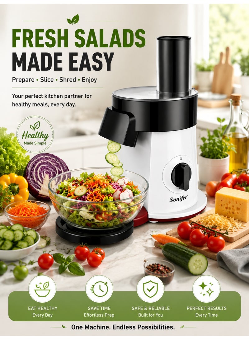 Sonifer 5-in-1 Electric Salad Maker with 200W Motor, 5 Stainless Steel Cutting Discs, Vegetable Slicer, Shredder, Grater & Julienne Machine, Large Feed Tube, Direct-to-Bowl Design, Easy-to-Clean Food Processor for Vegetables, Fruits, Cheese & Everyday Meal Preparation - Image 4