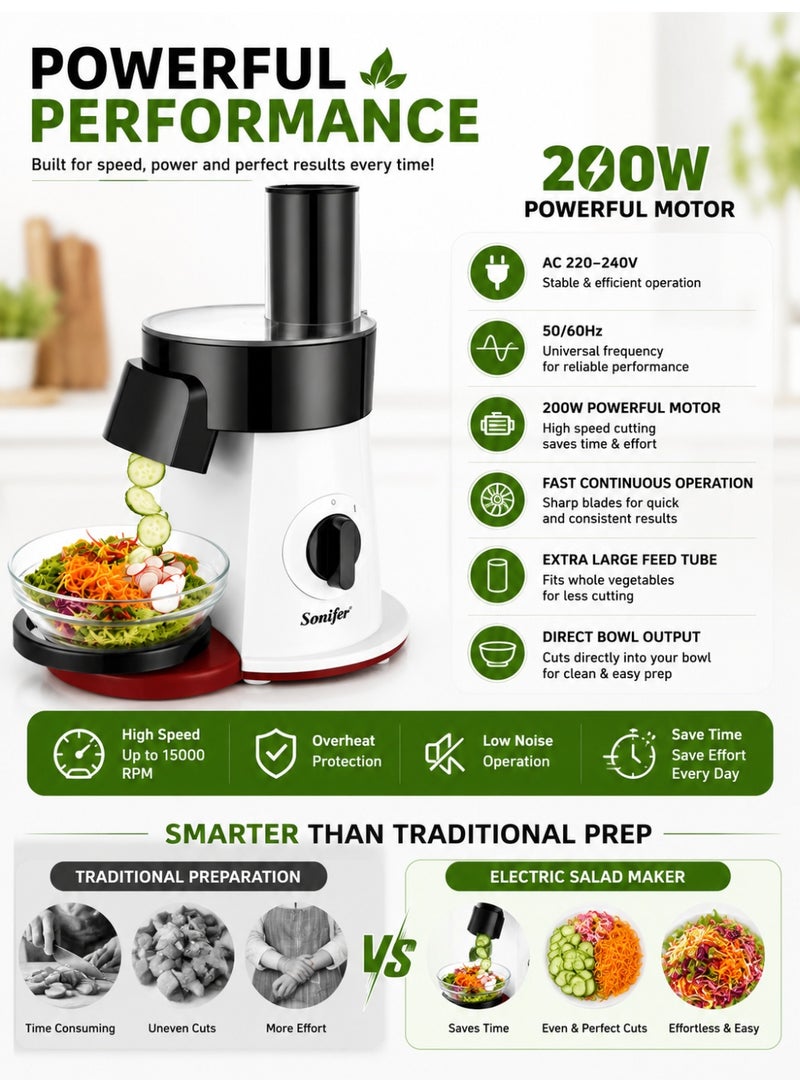 Sonifer 5-in-1 Electric Salad Maker with 200W Motor, 5 Stainless Steel Cutting Discs, Vegetable Slicer, Shredder, Grater & Julienne Machine, Large Feed Tube, Direct-to-Bowl Design, Easy-to-Clean Food Processor for Vegetables, Fruits, Cheese & Everyday Meal Preparation - Image 2