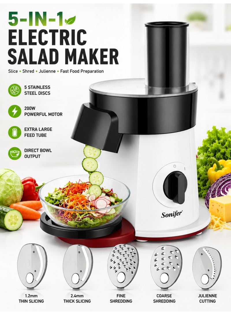 Sonifer 5-in-1 Electric Salad Maker with 200W Motor, 5 Stainless Steel Cutting Discs, Vegetable Slicer, Shredder, Grater & Julienne Machine, Large Feed Tube, Direct-to-Bowl Design, Easy-to-Clean Food Processor for Vegetables, Fruits, Cheese & Everyday Meal Preparation - Image 1