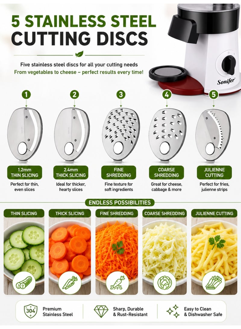 Sonifer 5-in-1 Electric Salad Maker with 200W Motor, 5 Stainless Steel Cutting Discs, Vegetable Slicer, Shredder, Grater & Julienne Machine, Large Feed Tube, Direct-to-Bowl Design, Easy-to-Clean Food Processor for Vegetables, Fruits, Cheese & Everyday Meal Preparation - Image 5