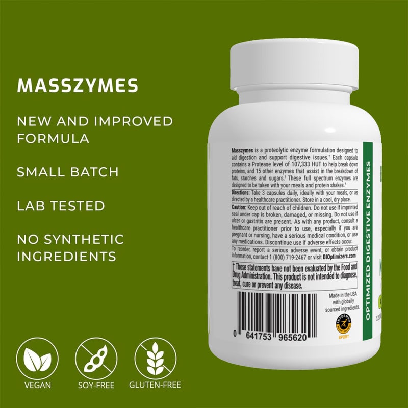 BiOptimizers MassZymes - Complete Digestive Enzymes Supplement for Gut Health - Bloating Relief for Men and Women - Lipase Amylase Bromelain Digestive Enzymes (120 Capsules) - Image 5