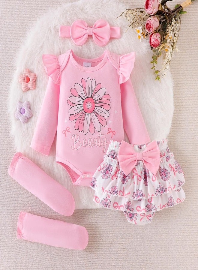 ODIMAME 0-3 Months Baby Girl Clothes Newborn Ruffle Long Sleeve Beauty Print Romper + Infant Cute Bow Flower Shorts Fall Winter Outfits + Bow Headband + Leg Warmers Pink Set - Image 2