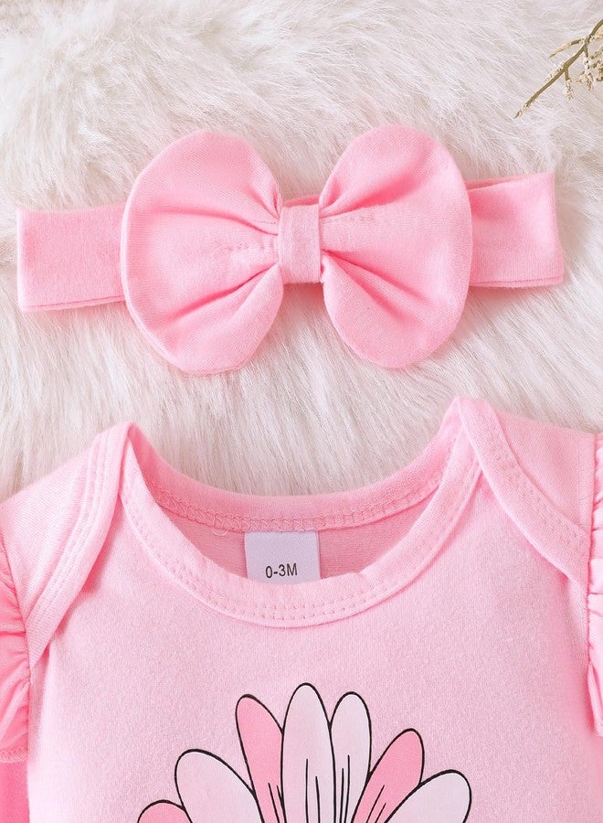 ODIMAME 0-3 Months Baby Girl Clothes Newborn Ruffle Long Sleeve Beauty Print Romper + Infant Cute Bow Flower Shorts Fall Winter Outfits + Bow Headband + Leg Warmers Pink Set - Image 4