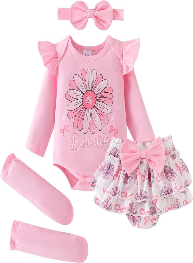 ODIMAME 0-3 Months Baby Girl Clothes Newborn Ruffle Long Sleeve Beauty Print Romper + Infant Cute Bow Flower Shorts Fall Winter Outfits + Bow Headband + Leg Warmers Pink Set - Image 1