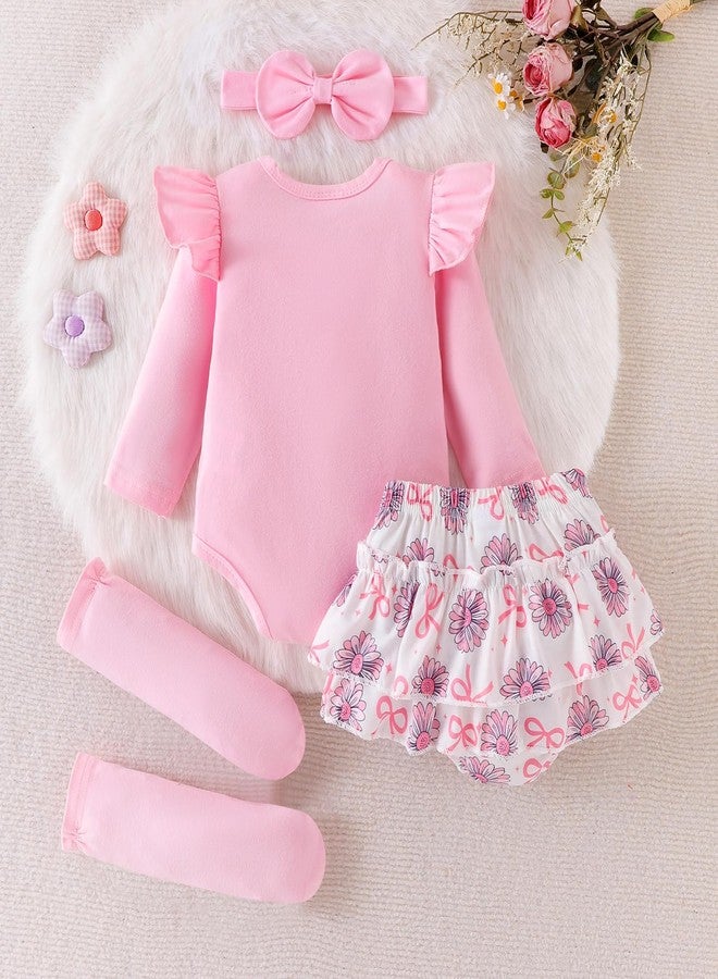 ODIMAME 0-3 Months Baby Girl Clothes Newborn Ruffle Long Sleeve Beauty Print Romper + Infant Cute Bow Flower Shorts Fall Winter Outfits + Bow Headband + Leg Warmers Pink Set - Image 3