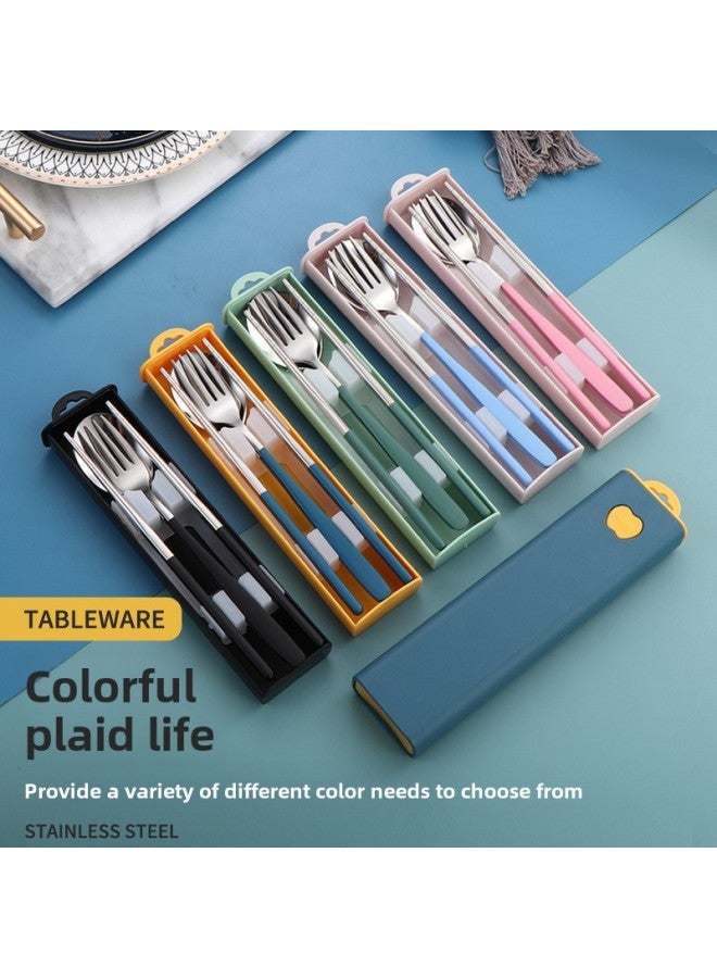 Portable 304 Stainless Steel Tableware Korean-style Spoon Fork Chopsticks Three-piece Set Student Outdoor Travel Gift Suit-Specifications: Ink Blue + Silver Three-piece Set - Image 3