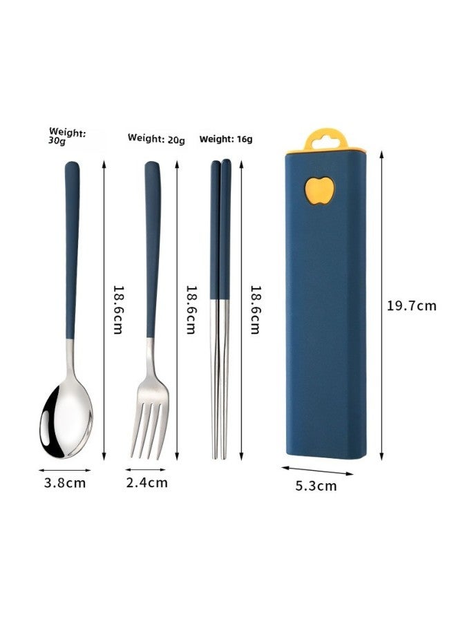 Portable 304 Stainless Steel Tableware Korean-style Spoon Fork Chopsticks Three-piece Set Student Outdoor Travel Gift Suit-Specifications: Ink Blue + Silver Three-piece Set - Image 1