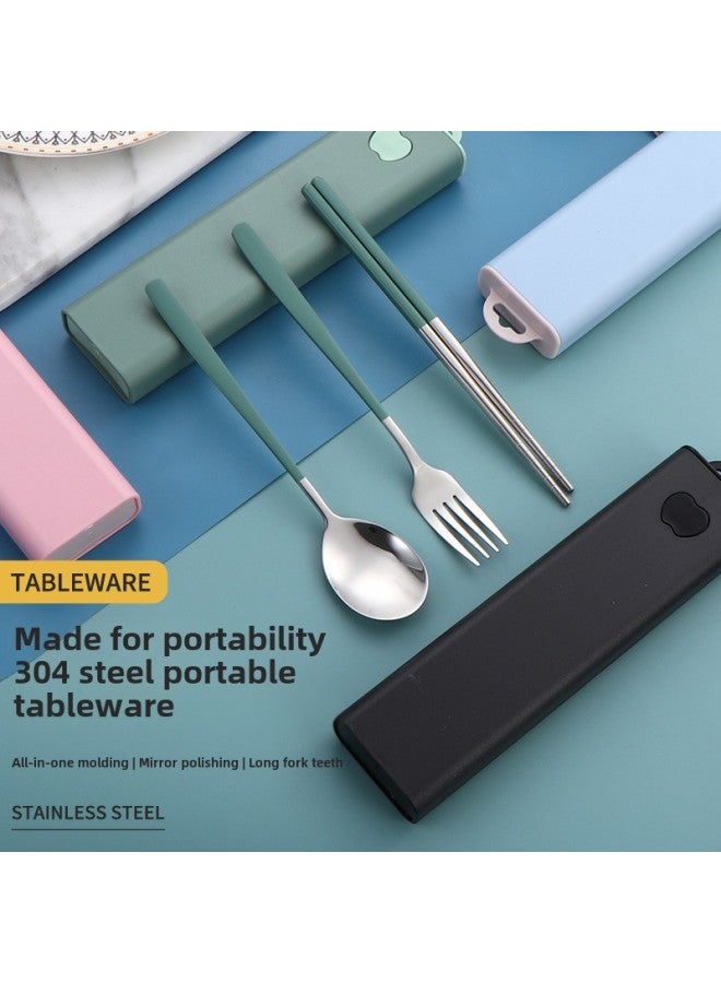 Portable 304 Stainless Steel Tableware Korean-style Spoon Fork Chopsticks Three-piece Set Student Outdoor Travel Gift Suit-Specifications: Ink Blue + Silver Three-piece Set - Image 4