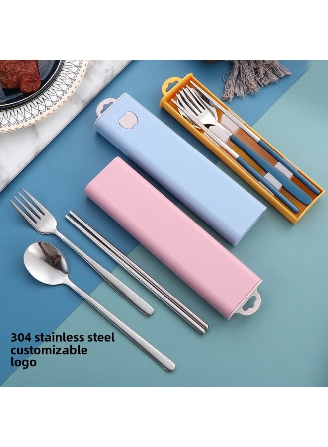 Portable 304 Stainless Steel Tableware Korean-style Spoon Fork Chopsticks Three-piece Set Student Outdoor Travel Gift Suit-Specifications: Ink Blue + Silver Three-piece Set - Image 2