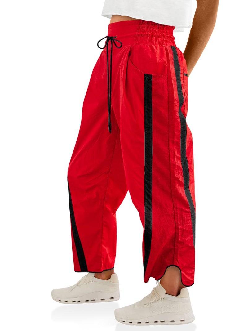 Fisoew Women's Baggy Wide Leg Pants Casual Drawstring Elastic Waisted Contrast Color Workout Y2K Track Pants Red - Image 1