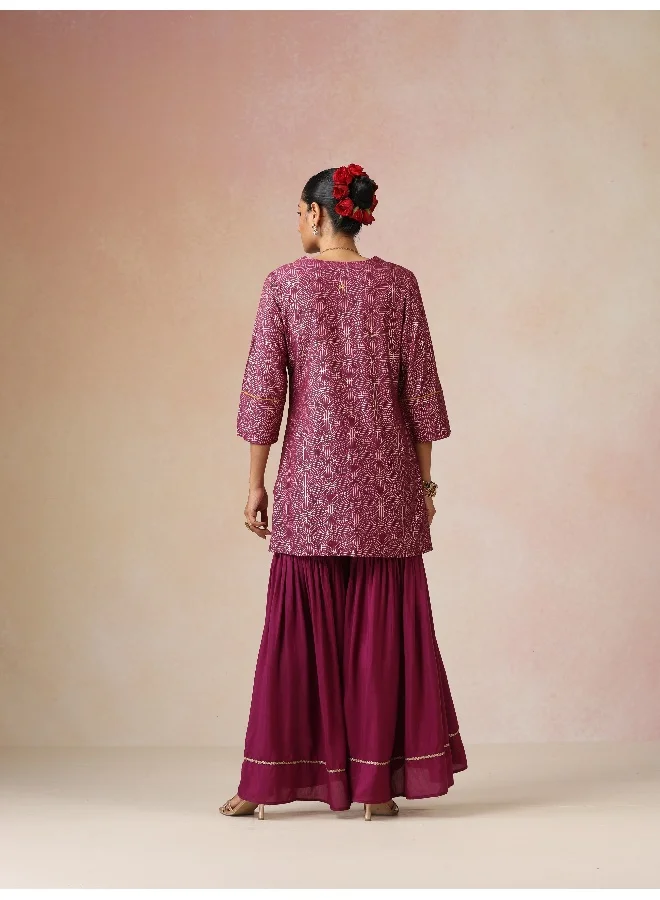 trueBrowns trueBrowns Magenta Gold Foil Print Muslin Silk Sharara Set