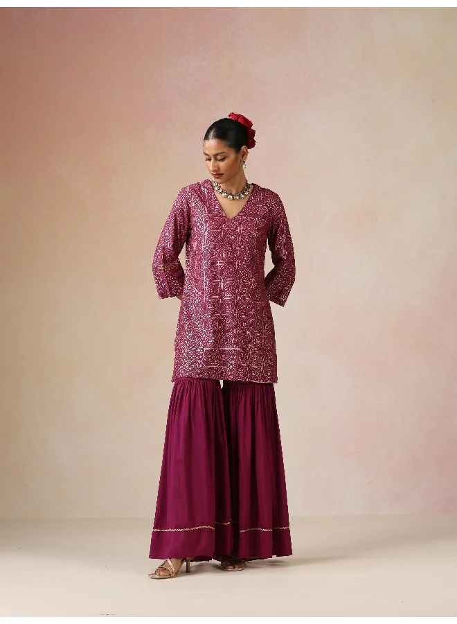 trueBrowns trueBrowns Magenta Gold Foil Print Muslin Silk Sharara Set