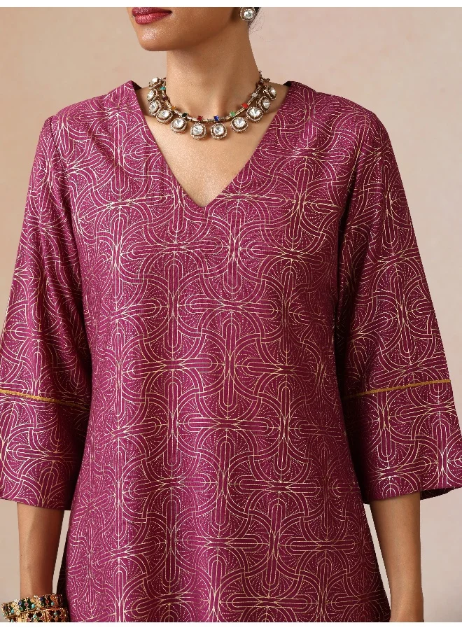 trueBrowns trueBrowns Magenta Gold Foil Print Muslin Silk Sharara Set